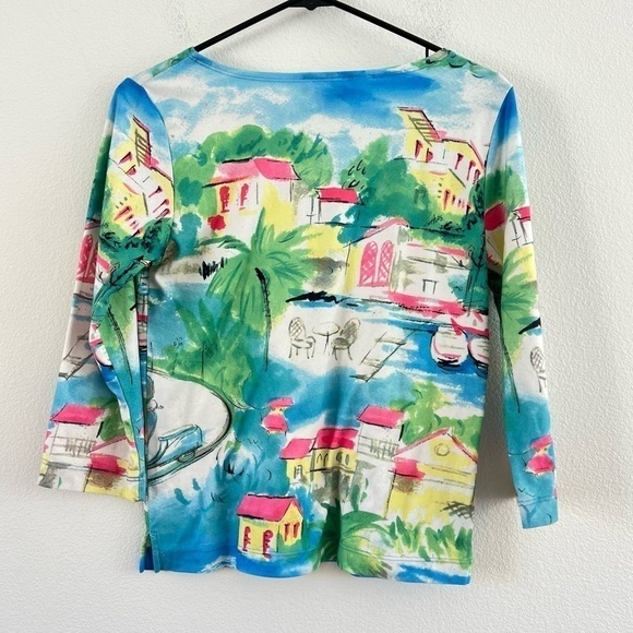 Northern Isles Coastal Village Vibrant Neon Pink Blue Quarter Sleeve Top Small - Picture 5 of 12